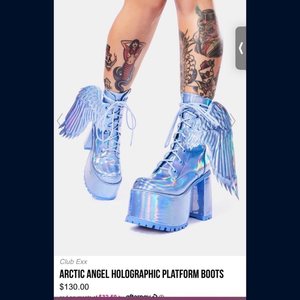 Dolls kill Club Exx Arctic Angel Holographic Blue Angel Wing Platform Boots